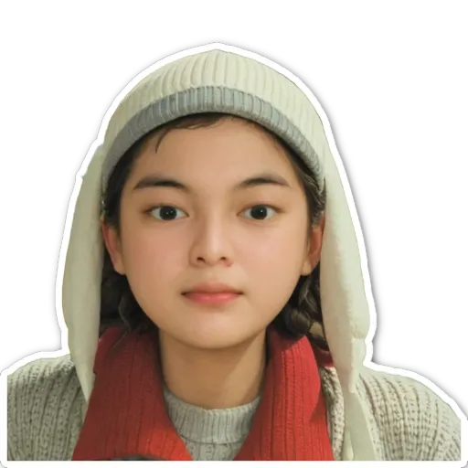 A girl with a white hat and red scarf.