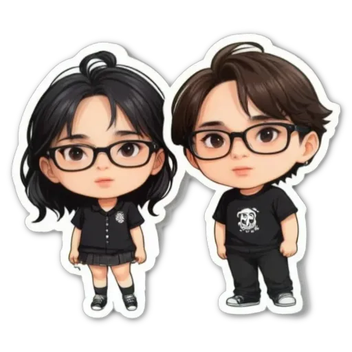 A boy and girl stickers in glasses and black clothes.