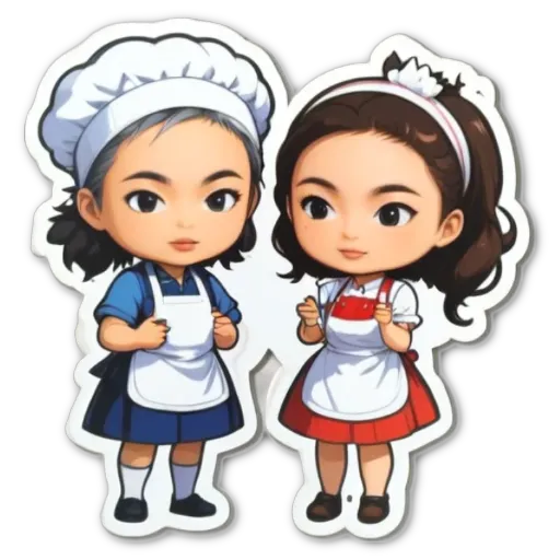 Two girls wearing a blue and a red apron with a white hat.