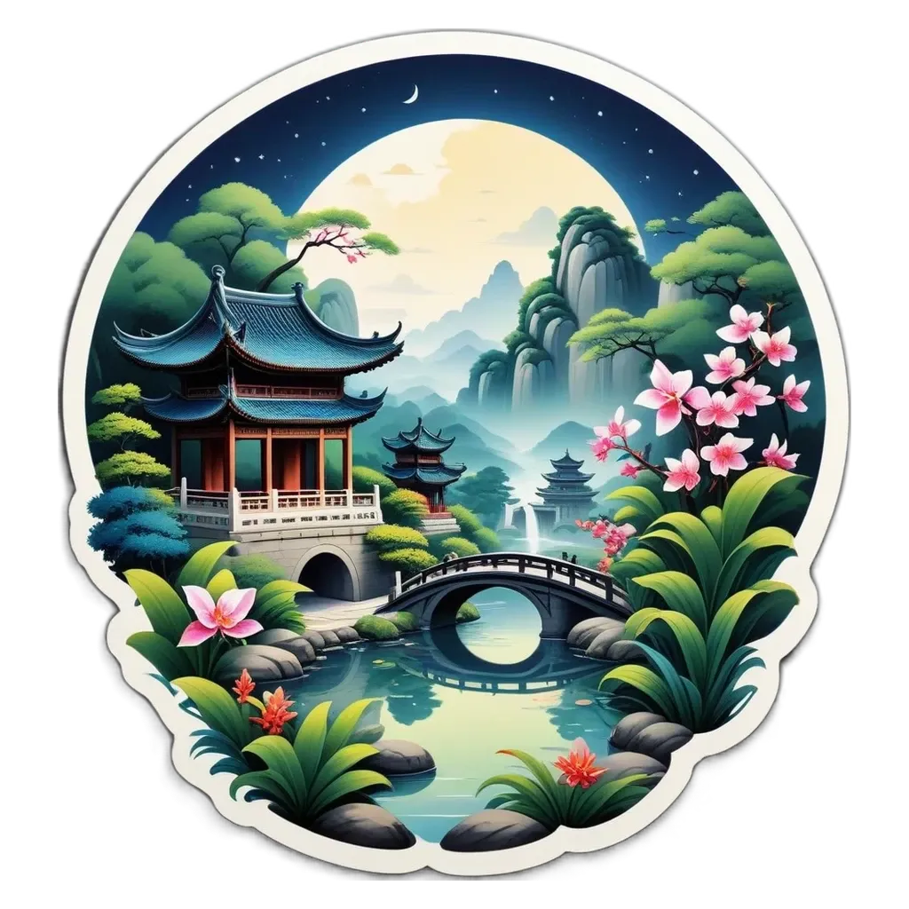 A bridge and pagoda are in front of a river with flowers.