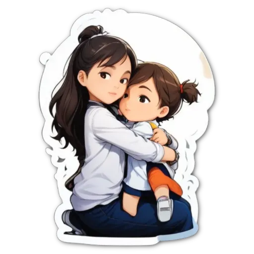 A mother and daughter hugging each other in a cartoon character.