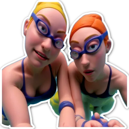 Two women swimming with blue and yellow swimsuits and glasses.