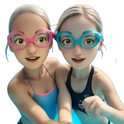 Two girls wearing glasses and a black and blue top.