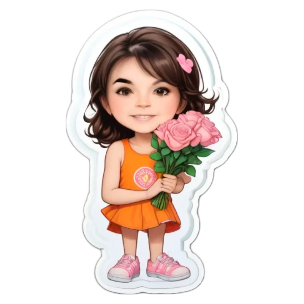 A girl holding flowers is in a orange dress with a heart on the front.