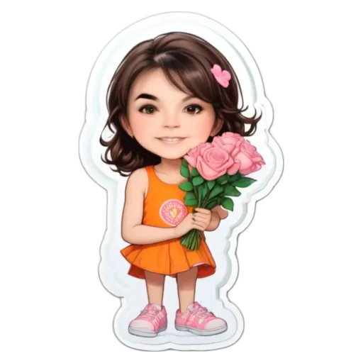 A girl holding flowers is in a orange dress with a heart on the front.