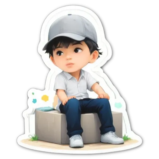 A boy is sitting on a block with a white shirt and blue jeans.