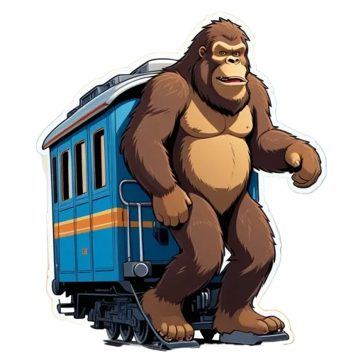 A sticker of a big monkey riding a train.