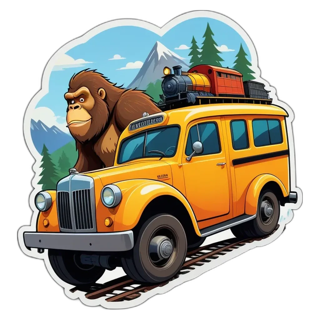 A yellow bus with a gorilla on top in a jungle.