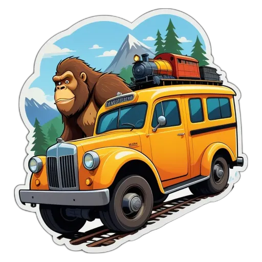 A yellow bus with a gorilla on top in a jungle.