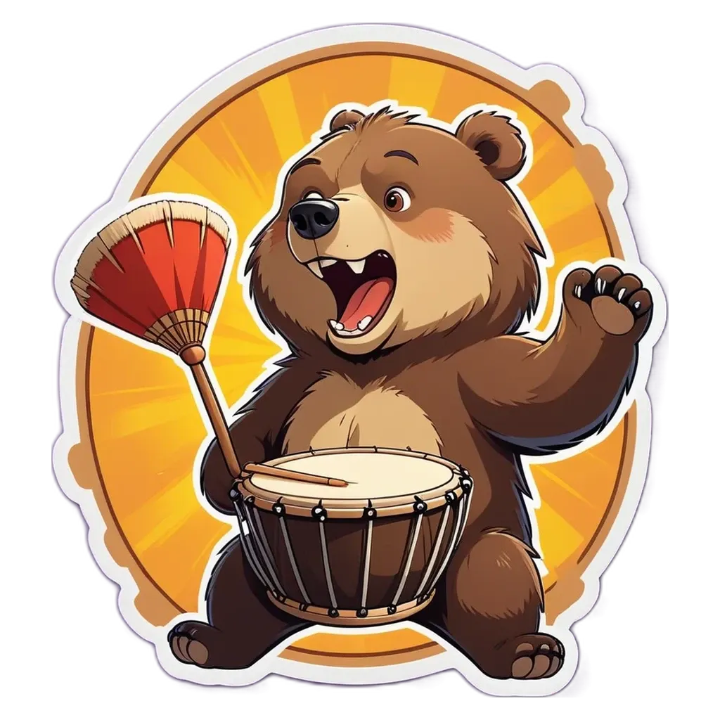 A drumming bear with a orange and white stick in his paws.