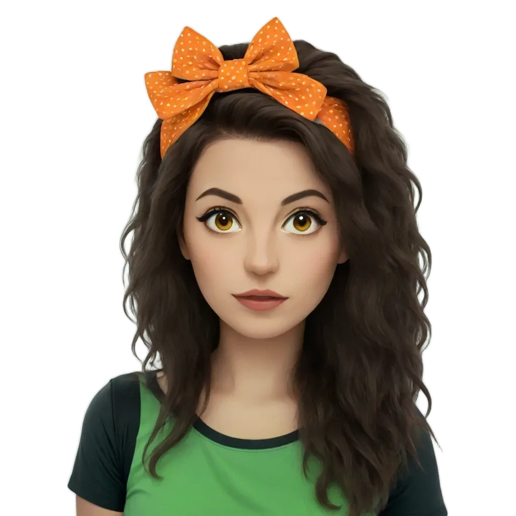 A girl with a green shirt and orange bow in her hair.