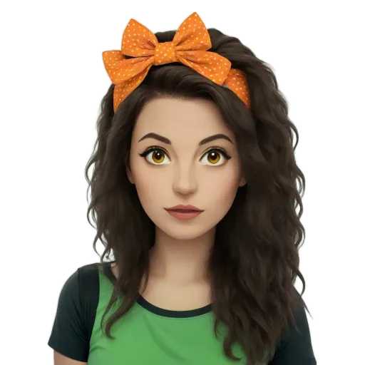 A girl with a green shirt and orange bow in her hair.