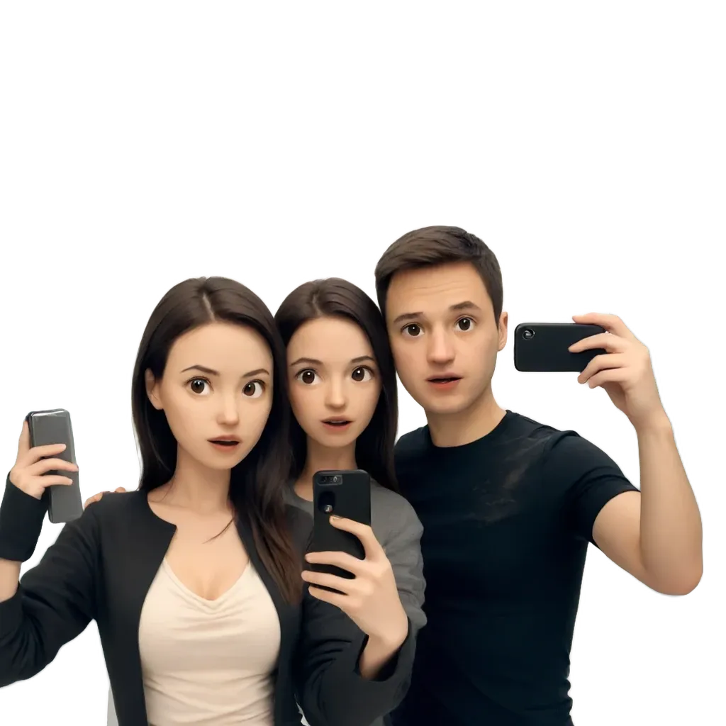 Three people with cell phones taking a picture of themselves.