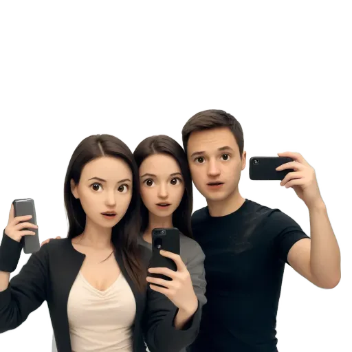 Three people with cell phones taking a picture of themselves.