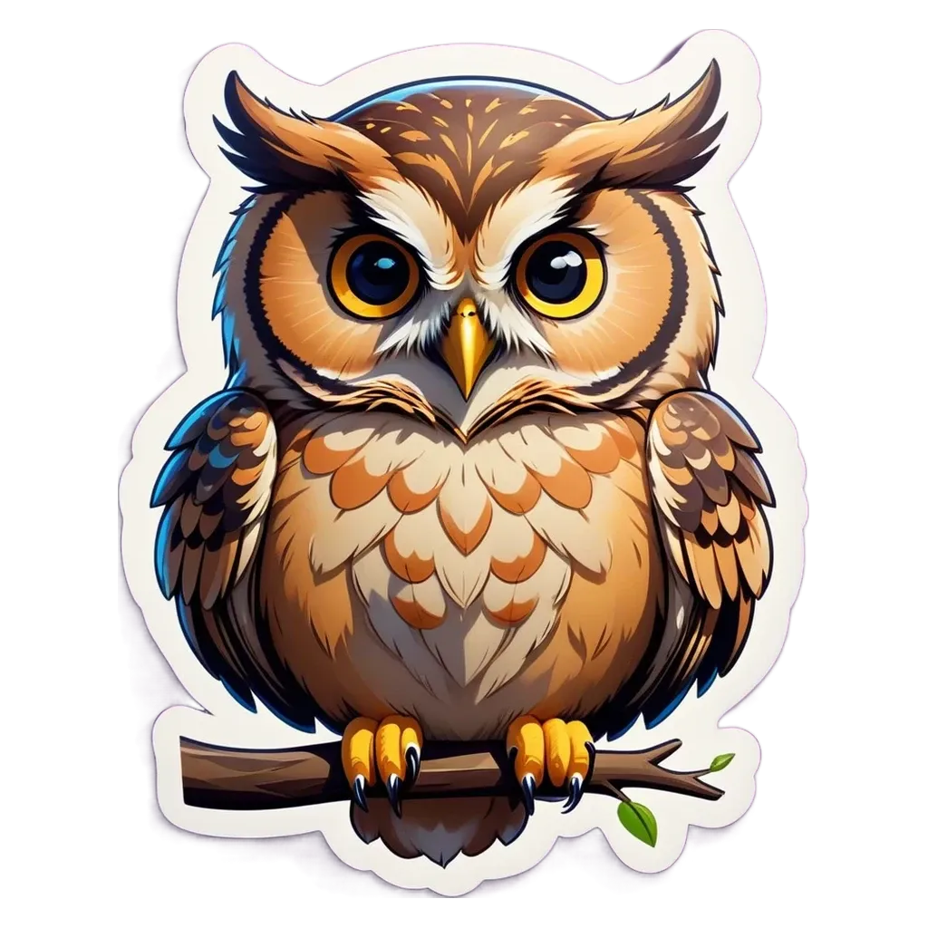 An owl sticker in a black and purple background.