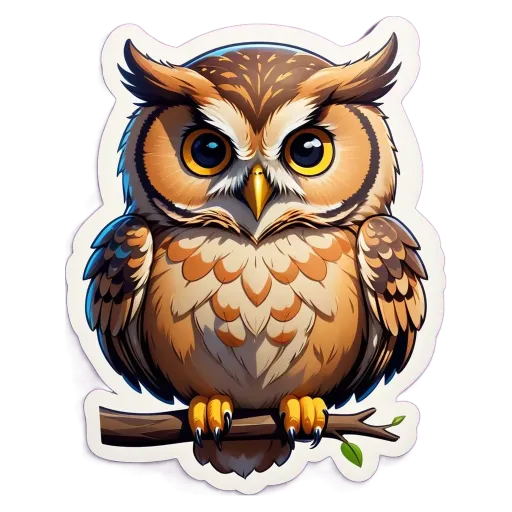 An owl sticker in a black and purple background.