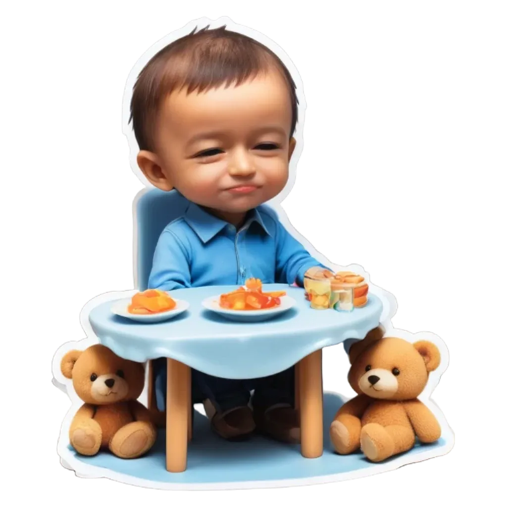 A child figurine is sitting at a table with two teddy bears.