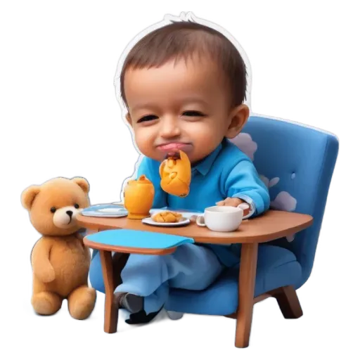 A cartoon image of a baby sitting at a table eating.