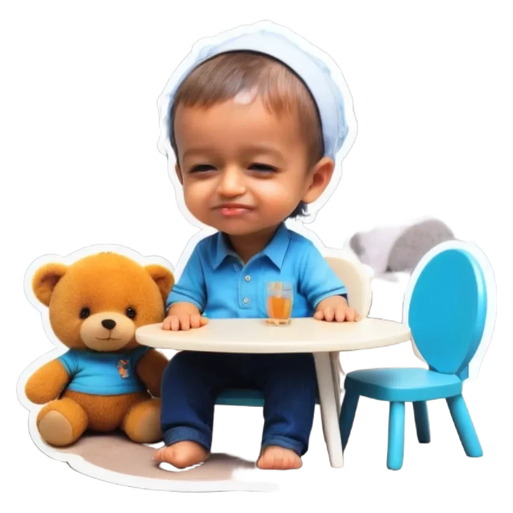 A boy is sitting at a table with a teddy bear.