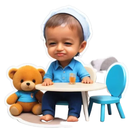 A boy is sitting at a table with a teddy bear.