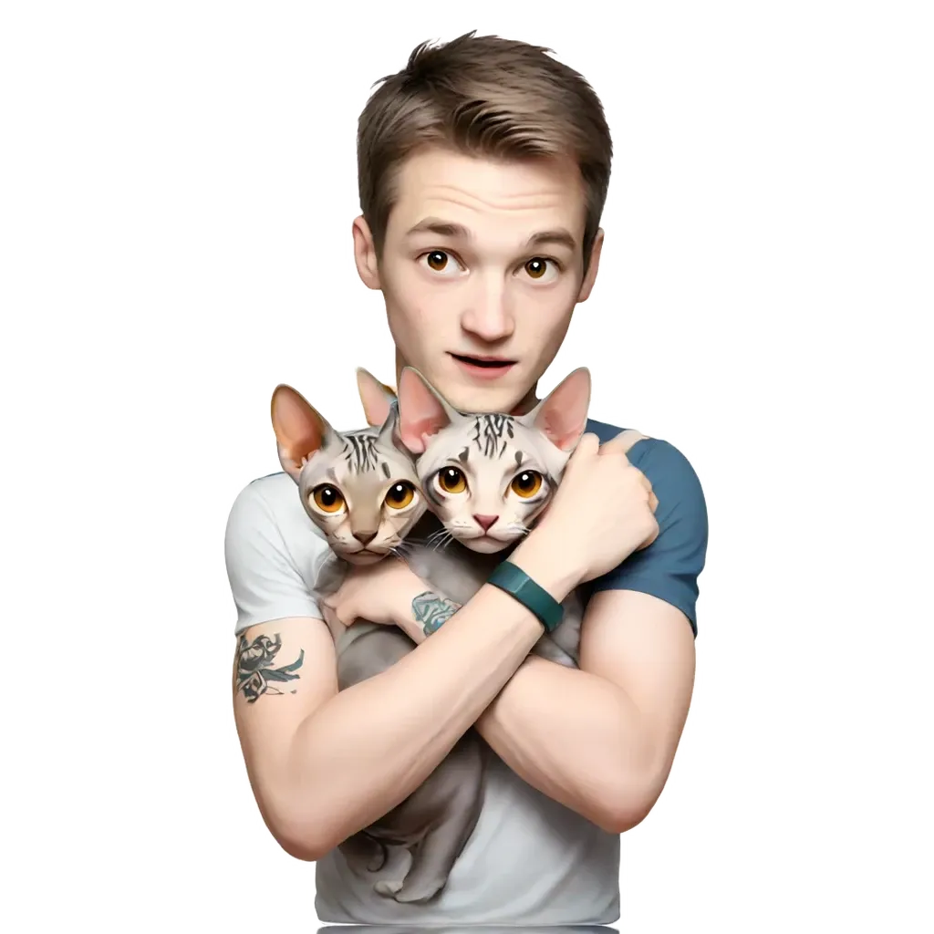 A man holding two cats in his arms.