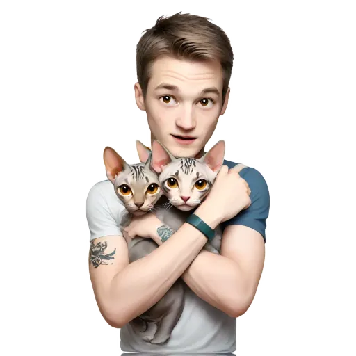 A man holding two cats in his arms.