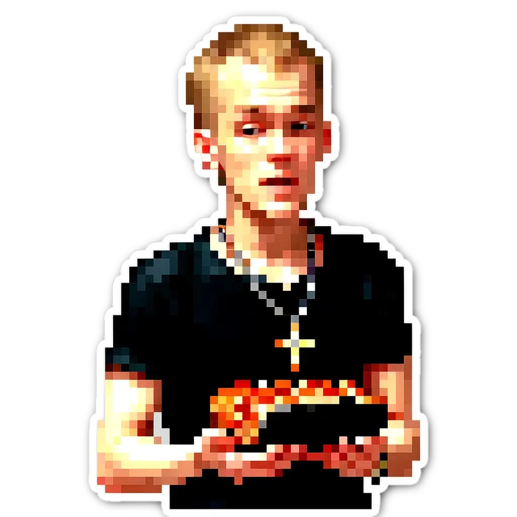 A boy in black shirt with a cross necklace holding a pizza.