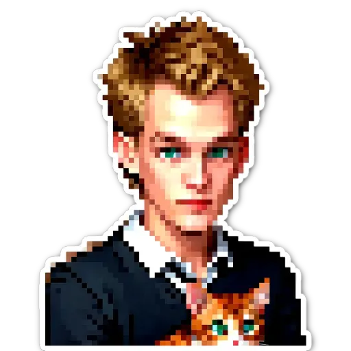 A boy wearing a sweater and tie with a cat on his shirt.