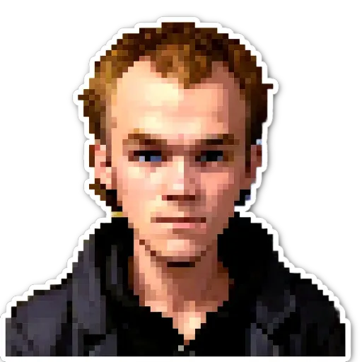 A sticker of a man's face generated with pixelated art.