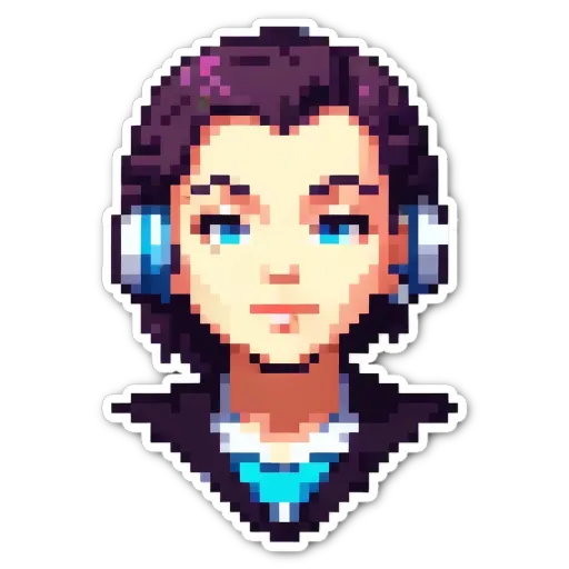 A girl with blue eyes and purple hair listening to music.