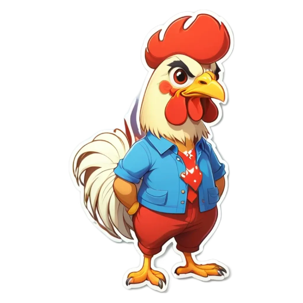 Rooster is wearing a blue jacket and a red hat.