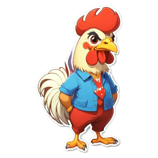 Rooster is wearing a blue jacket and a red hat.