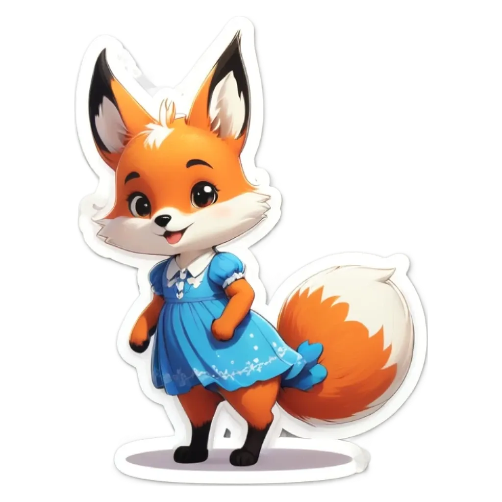 A fox in a blue dress is standing on a white background.