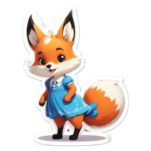 A fox in a blue dress is standing on a white background.