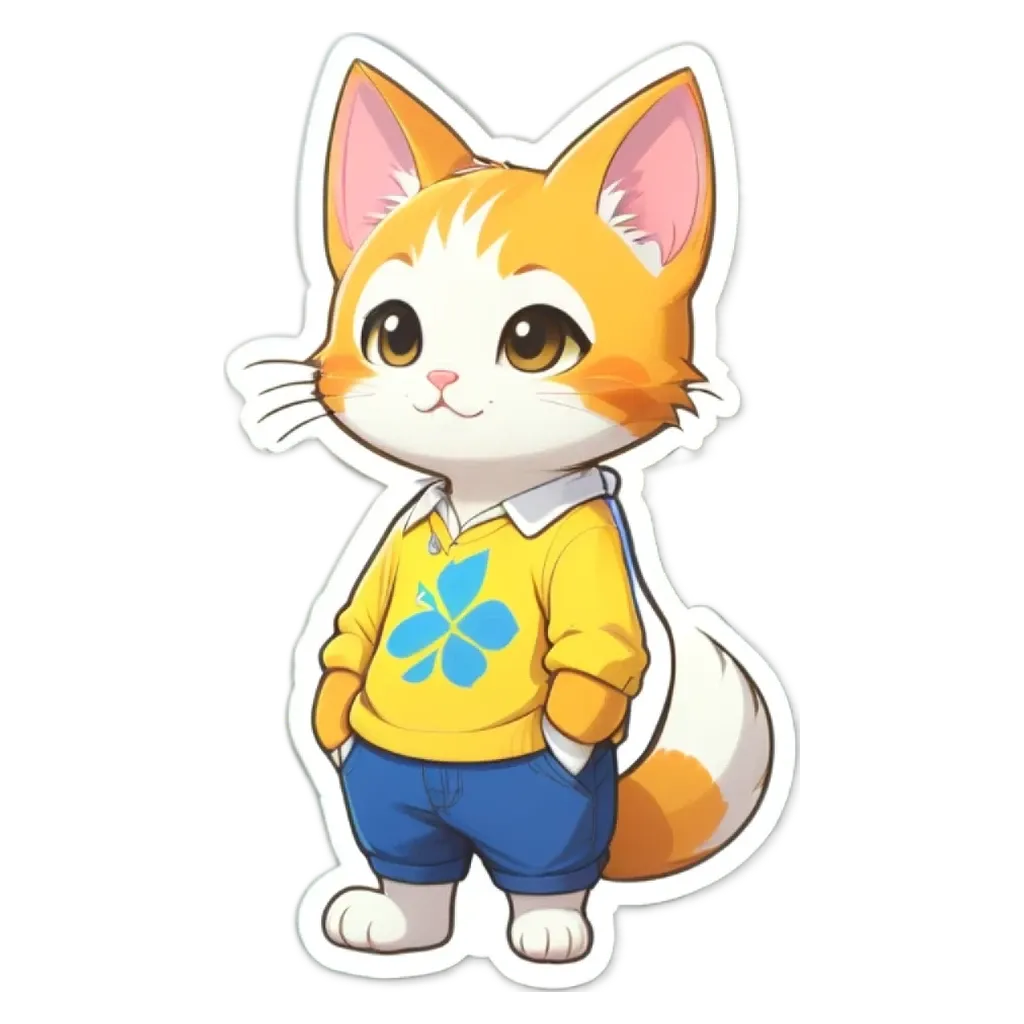 A cartoon cat wearing a yellow shirt with blue flowers on it.