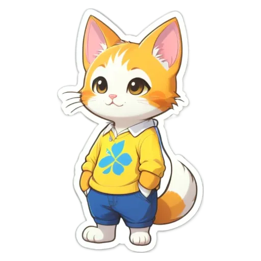 A cartoon cat wearing a yellow shirt with blue flowers on it.