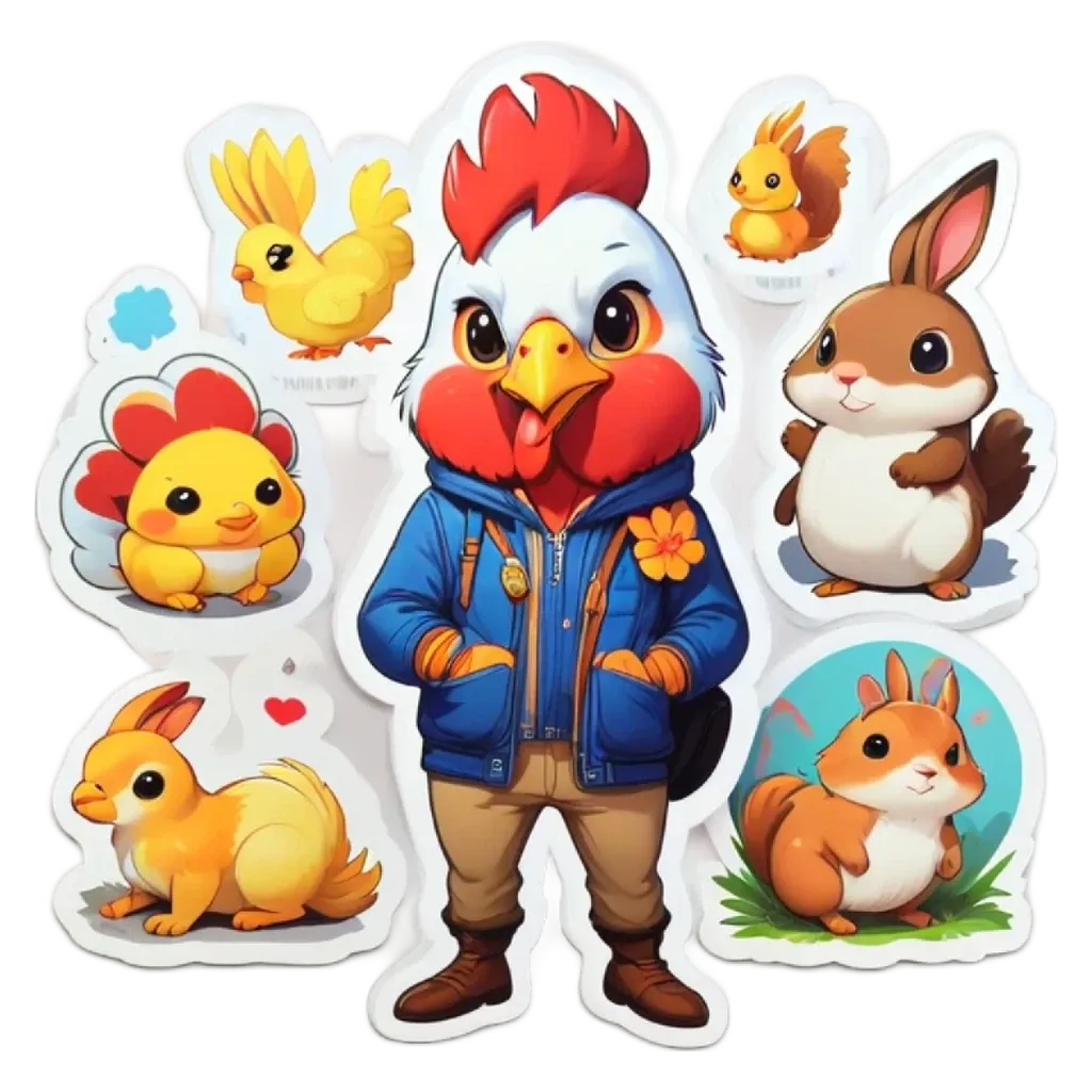 A sticker of a chicken with a blue jacket and animals on a white background.