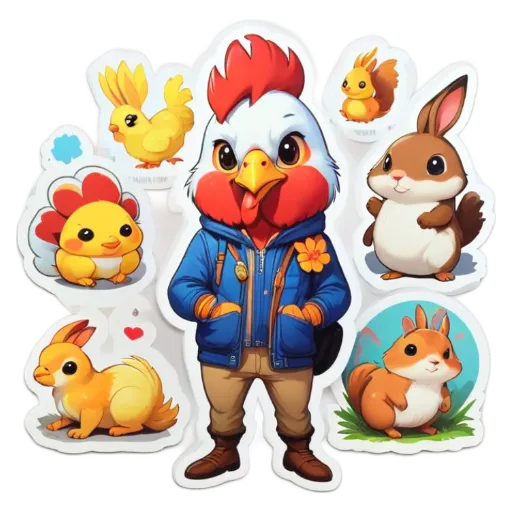 A sticker of a chicken with a blue jacket and animals on a white background.