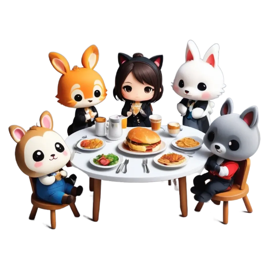 A group of cartoon animals sitting at a table with food.