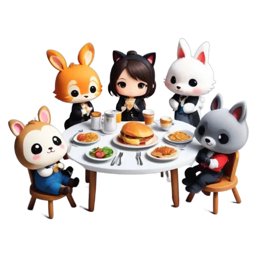 A group of cartoon animals sitting at a table with food.