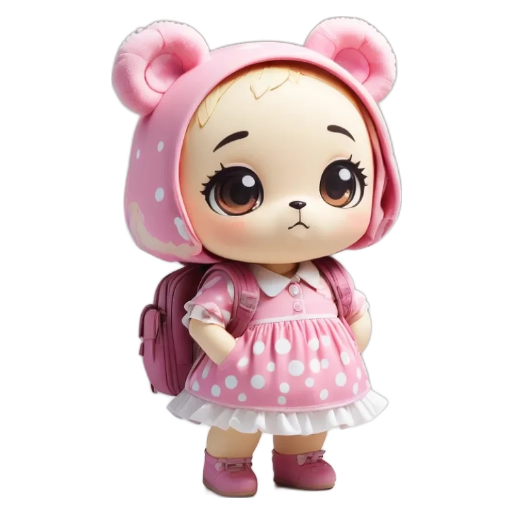 A pink and white doll wearing a backpack and a pink dress with white polka dots.