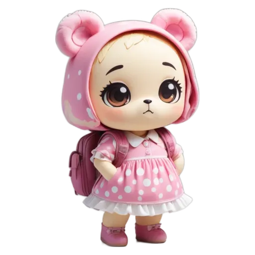 A pink and white doll wearing a backpack and a pink dress with white polka dots.