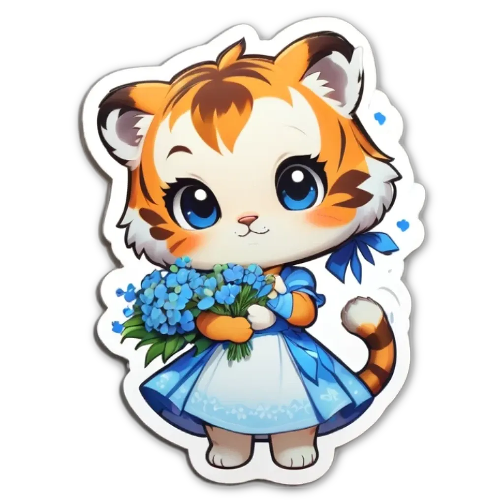 A tiger with blue eyes holding a bouquet of blue flowers.