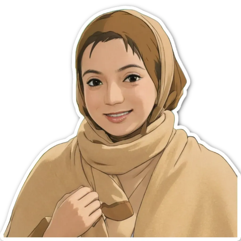 A cartoon drawing of a woman wearing a head scarf.