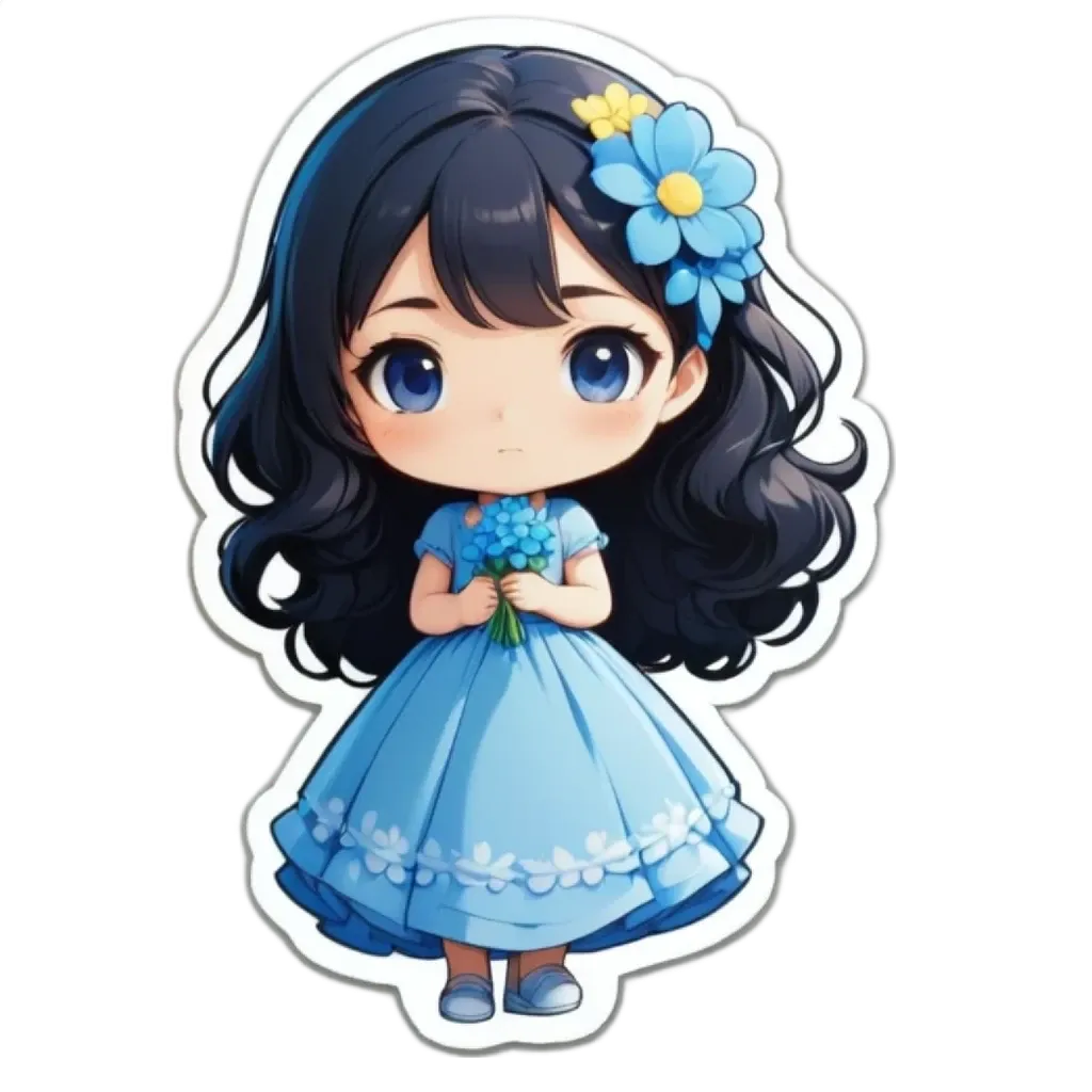 A girl in a blue dress holding flowers is depicted in a sticker.