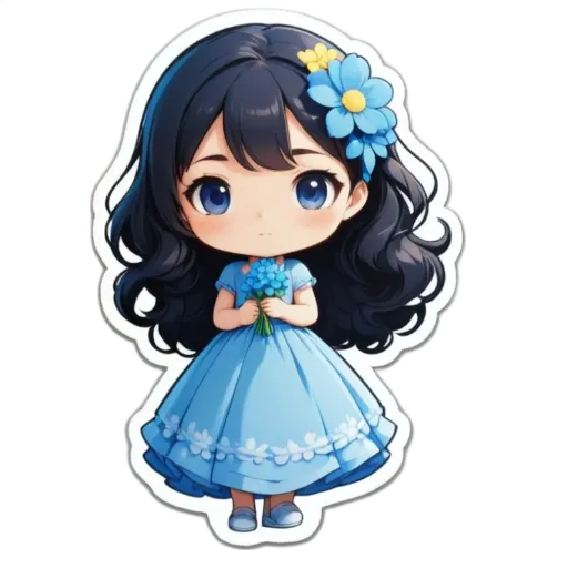 A girl in a blue dress holding flowers is depicted in a sticker.