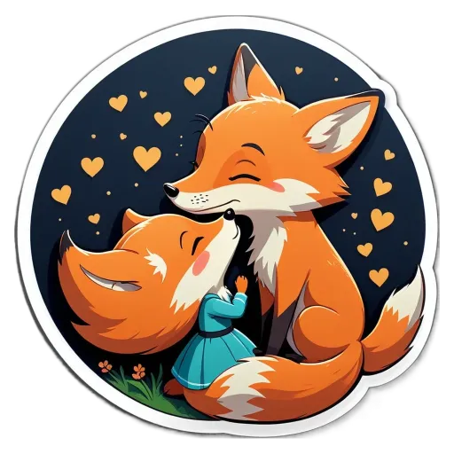 A fox and fox cub with hearts representing kisses.