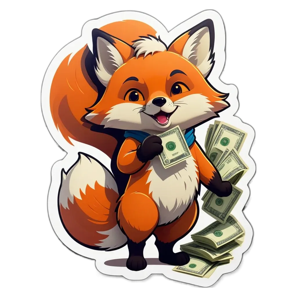 A cartoon picture of a fox with money.