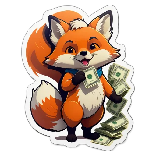 A cartoon picture of a fox with money.