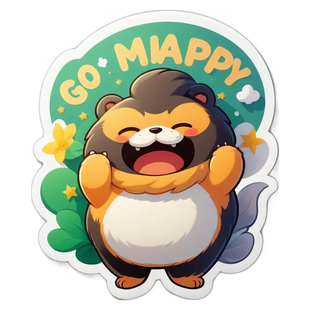 A sticker of a bear holding its mouth open and words gt miappy on it.